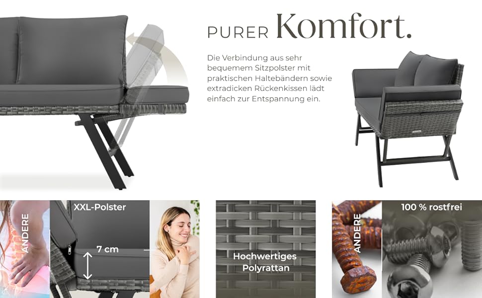 Садовий диван-шезлонг Tectake з ротангу, сірий - вуличні меблі для відпочинку з функцією сну та відкидними підлокітниками