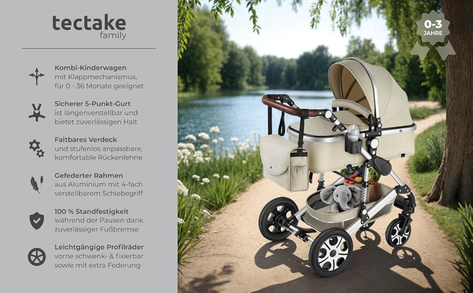 Дитяча коляска Tectake 2 в 1: розкладний візок-ліжко з підніжкою, тримачем для напоїв, люлькою та дощовиком (сірий/бежевий)