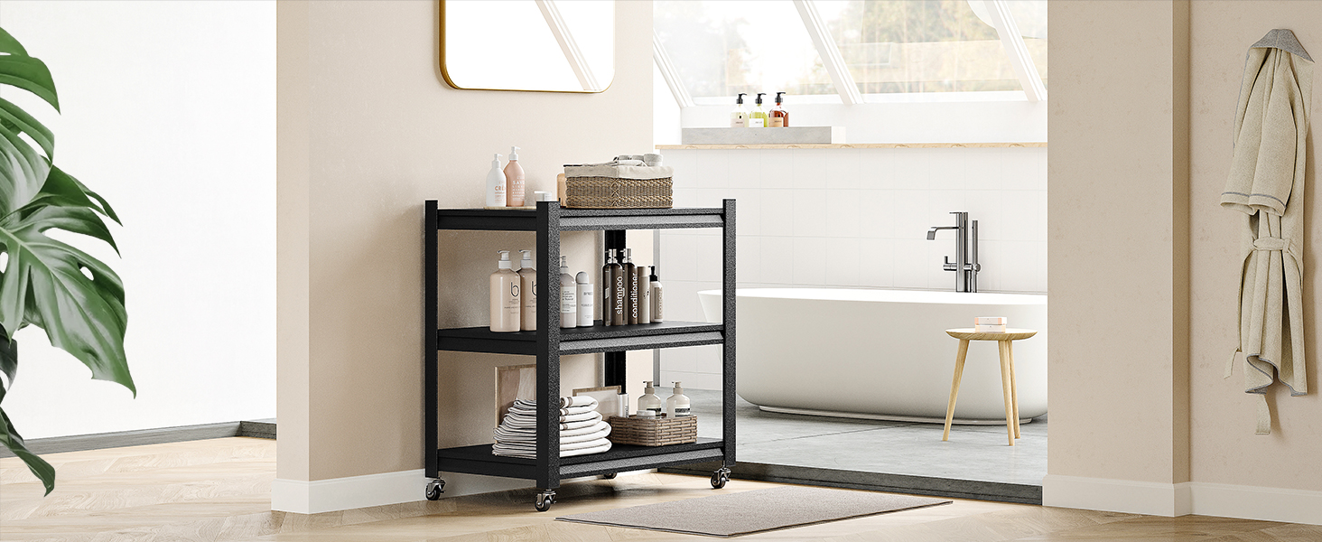 Металевий стелаж для кухні 80x86x45 см на коліщатках, чорний. Підходить для мікрохвильовки, інструментів, ванної кімнати та підвалу.