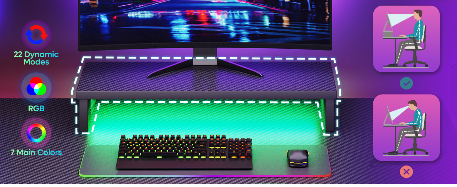 Ігровий стіл Bestier 106,6 см з LED підсвіткою, моніторною підставкою, тримачем для чашки та гачком для навушників, комп'ютерний стіл з 3D чорного вуглецевого волокна для дому та офісу