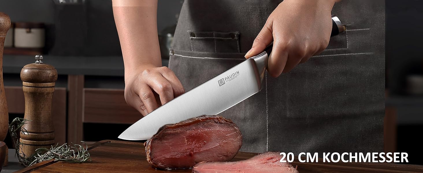 Набір ножів Paudin 7 предметів з дерев'яним блоком: кухонні ножі з нержавіючої сталі та ABS ручками