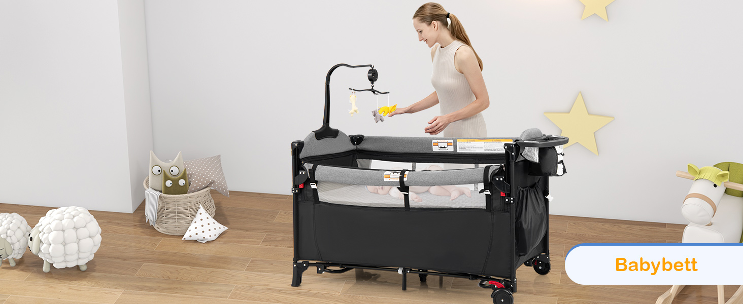 Дитяче ліжко-манеж COSTWAY 120x60 см з матрацом, пеленальним столиком, іграшками та музичною шкатулкою, сірий колір