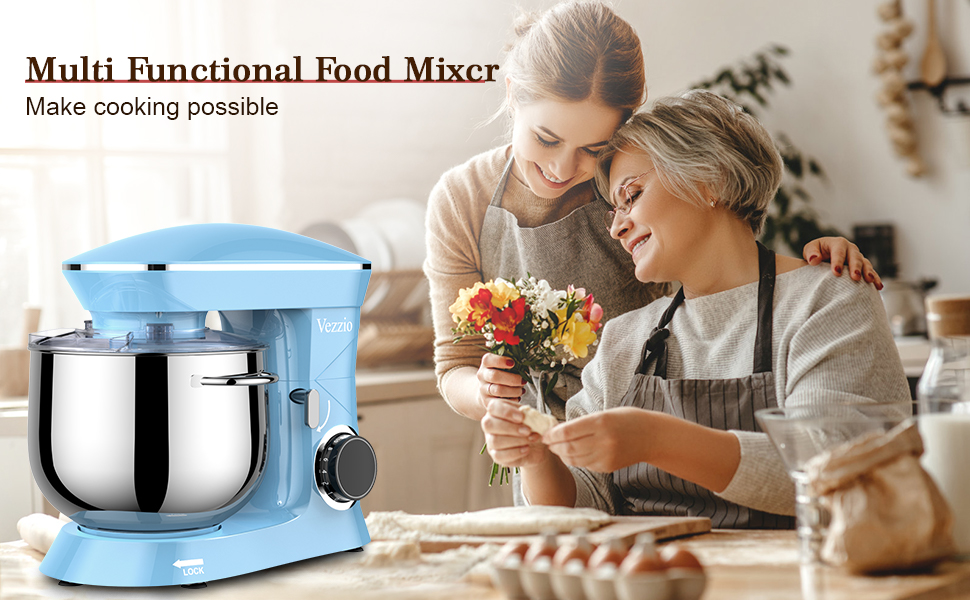 Кухонна машина Vezzio 1500W з чашею 8.5L з нержавіючої сталі, 10 швидкостей, для замішування та збивання тіста, з набором насадок (Синій)
