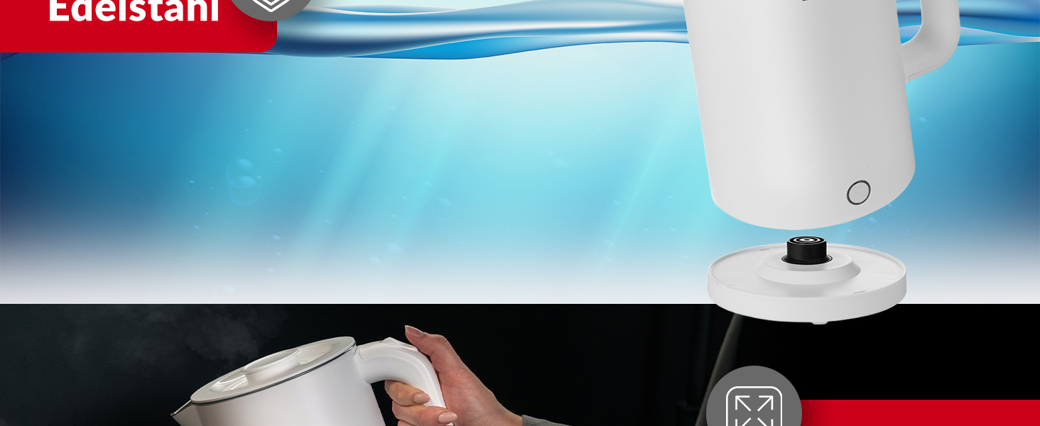 Електричний чайник Lehmann Edelstahl 1.7L, 2200W з подвійними стінками, автоматичне відключення, захист від перегріву, BPA-free, для дитячого харчування, чаю та кави (Білий)