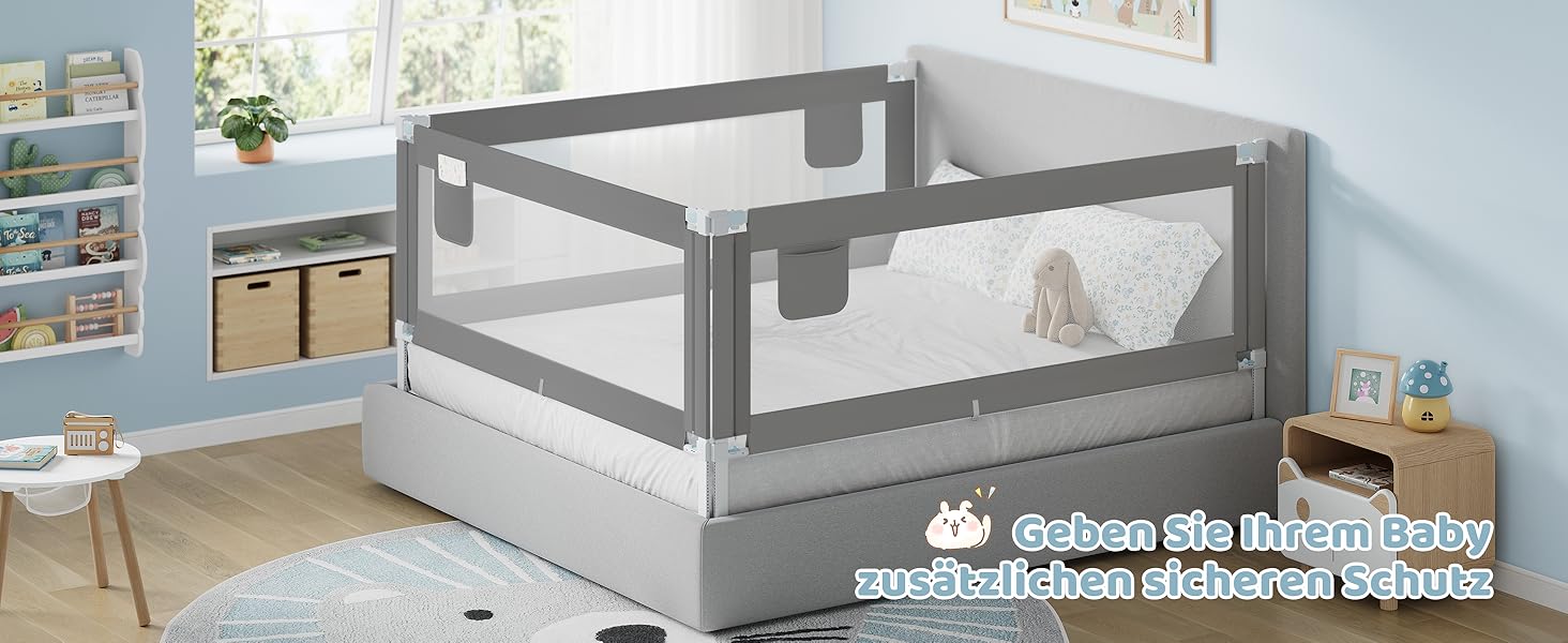 Бортик для ліжка WOLTU 150 см, захисний бар'єр для дітей та немовлят, регульована висота 69-87 см, тканина Оксфорд, металевий каркас, темно-сірий