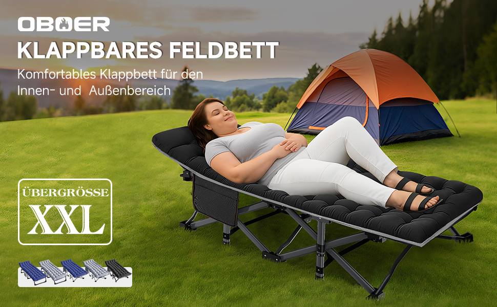 Розкладне кемпінгове ліжко з матрацом та кишенями, сталевий каркас, Oxford, витримує до 200 кг, 190x71x36 см, чорне