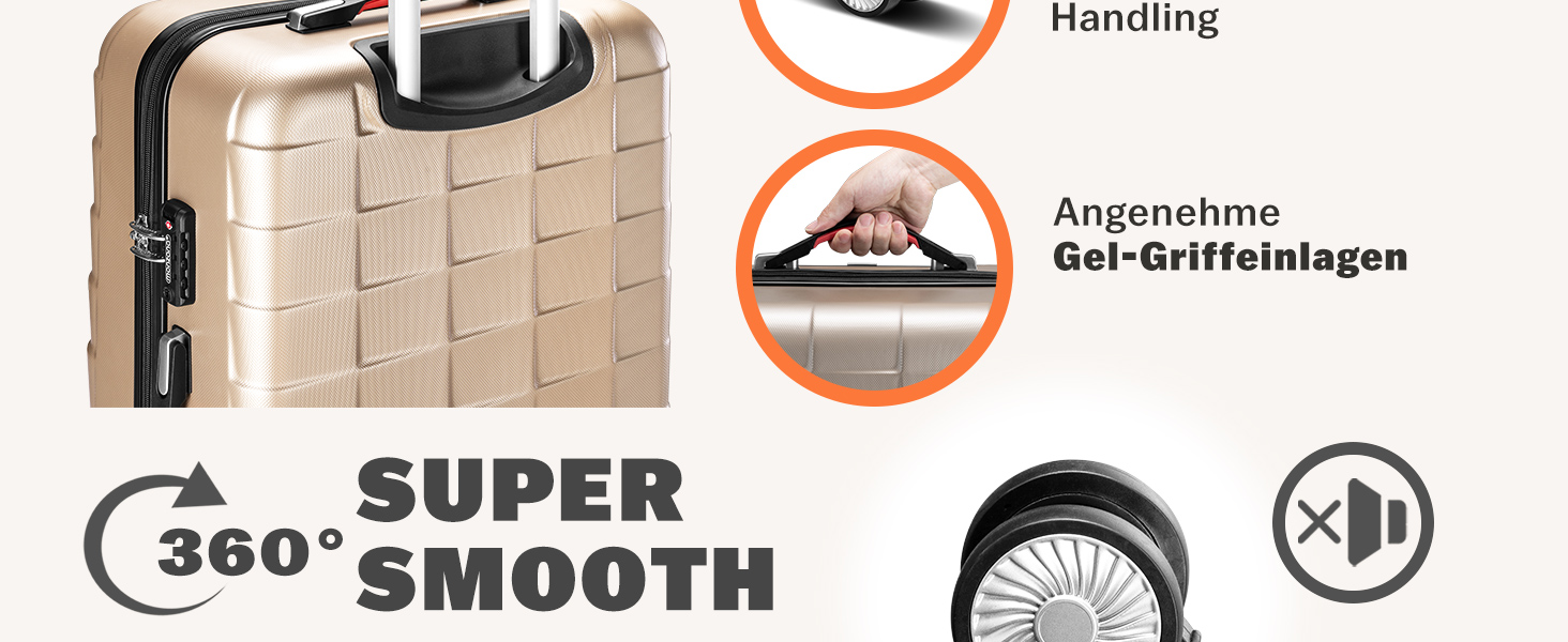 Набір валіз Monzana® 3шт Exopack з TSA замком, жорсткий корпус, M-L-XL, гелеві ручки, 4 колеса, підставка, ручний багаж, валіза для подорожей, колір шампань