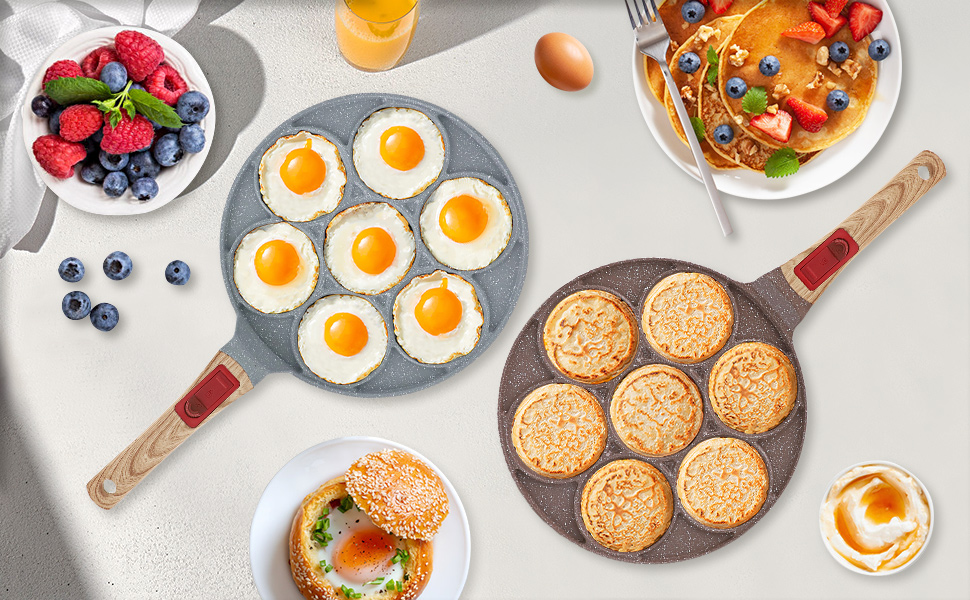 Сковорода для панкейків Induktion з антипригарним покриттям, 7 отворів, знімний ручка, для приготування яєць та дитячого сніданку - синій