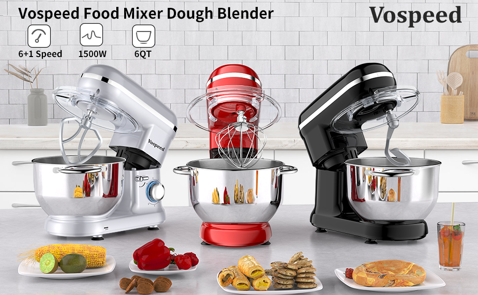 Електричний кухонний міксер Vospeed 1500W з 6 швидкостями та мискою 6.2QT (чорний)