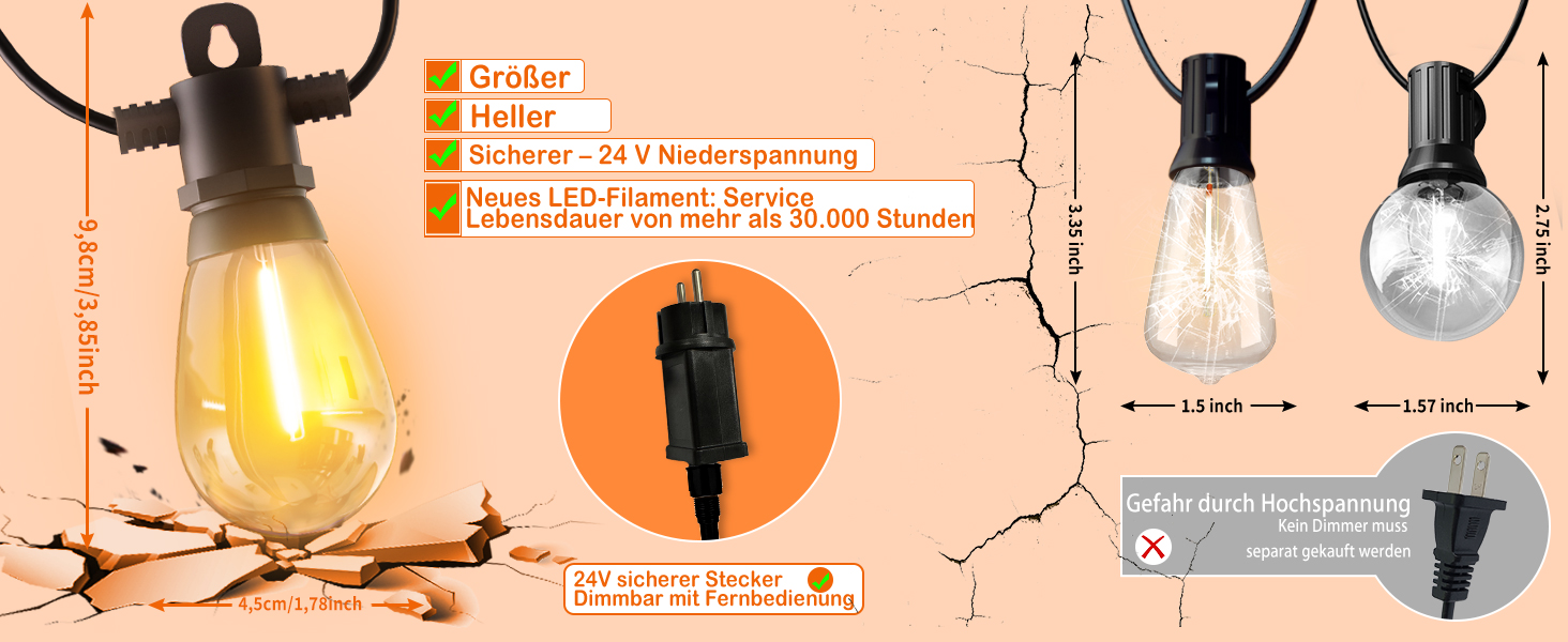 LED гірлянда для зовнішнього використання 30м з пультом, S14, 100FT, IP65, 30+2 лампочки, тепле світло 2700K, для саду, тераси, балкону, двору