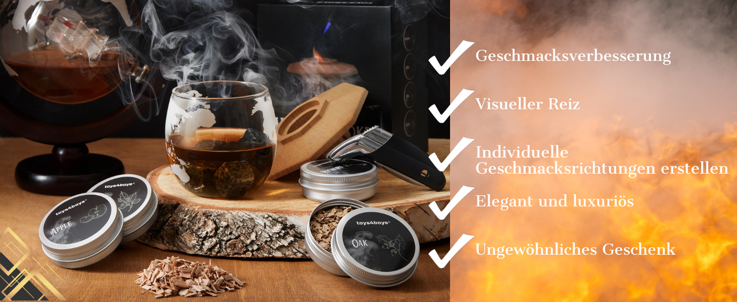 Набір для копчення віскі Toys4Boys Premium - з дерев'яною кришкою, 4 арома-стружками та запальничкою. Ідеальний подарунок для чоловіків.