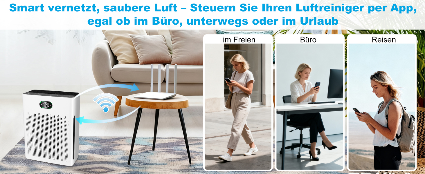 Повітряочисник HEPA з керуванням через додаток, LED-дисплей, тихий режим (22 dB), CADR 250 м³/год, для кімнат до 90 м², режим для тварин, видаляє 99,97% пилу, пилку, шерсті та запахів