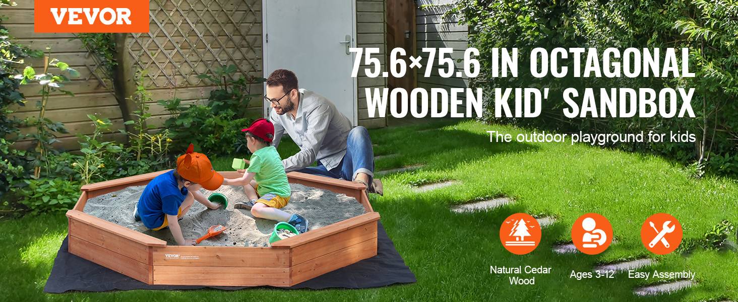 Дерев'яний пісочниця VEVOR з кришкою, восьмигранна пісочниця, пісочниця з 4 місцями для сидіння та підстилкою, дитяча пісочниця для саду, подарунок для хлопчиків та дівчаток віком 3–12 років, дерево + восьмигранна форма