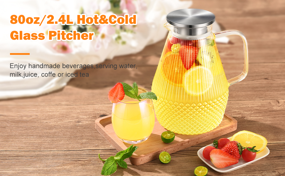 Скляна канавка для води з кришкою 2.4L, глечик з боросилікатного скла, канавка для холодного чаю, глечик для напоїв, стійкий до високих температур