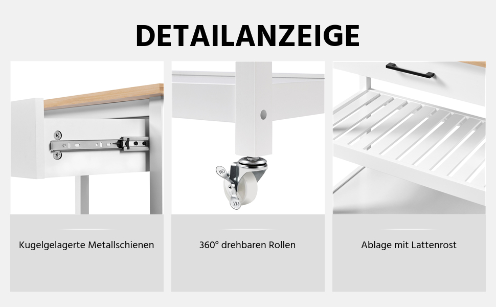 Сервісний візок Yaheetech з шухлядою, кухонний візок з 2 полицями, мобільний візок, кухонна вітрина, мобільний острівець, білий, 51 x 101,5 x 92 см