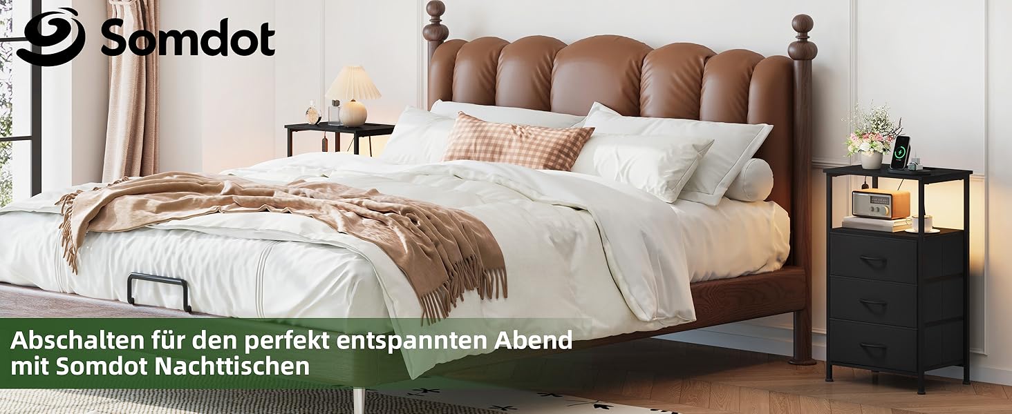 Нічний столик Somdot з підзарядкою, LED, розеткою (USB, Type-C) для спальні, вітальні, дитячої кімнати, чорний, 30x40x60/72 см (2/3 ящики)