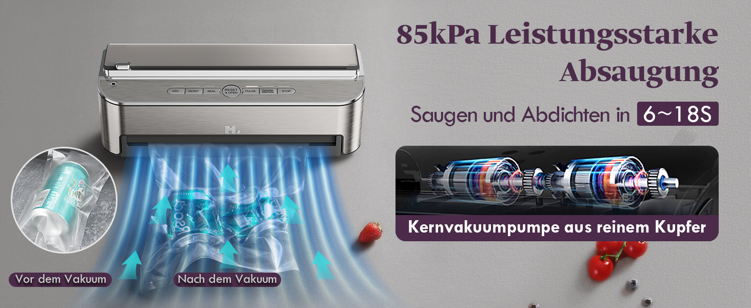 Вакууматор Mesliese 85kPa 120W для продуктів, автоматична машина для вакуумного пакування з вбудованим різаком та відсіком для пакетів, сталь, 2 рулони в комплекті