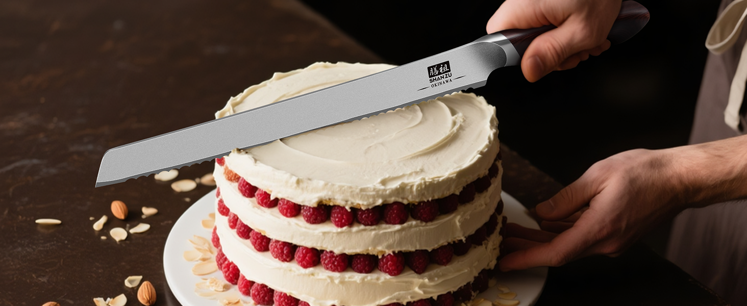 SHAN ZU Profi кухонний ніж 18 см - японський кухонний ніж з високоякісної сталі 10Cr15Mov, 12° заточка, ергономічна ручка з паккавуда - для м'яса, овочів, риби (хлібний ніж 25 см)