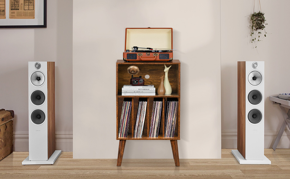 Підставка для програвача вінілу: містка на 160 платівок, стильна підставка Mid-Century, з дерев'яними ніжками, для вітальні, білий (коричневий)