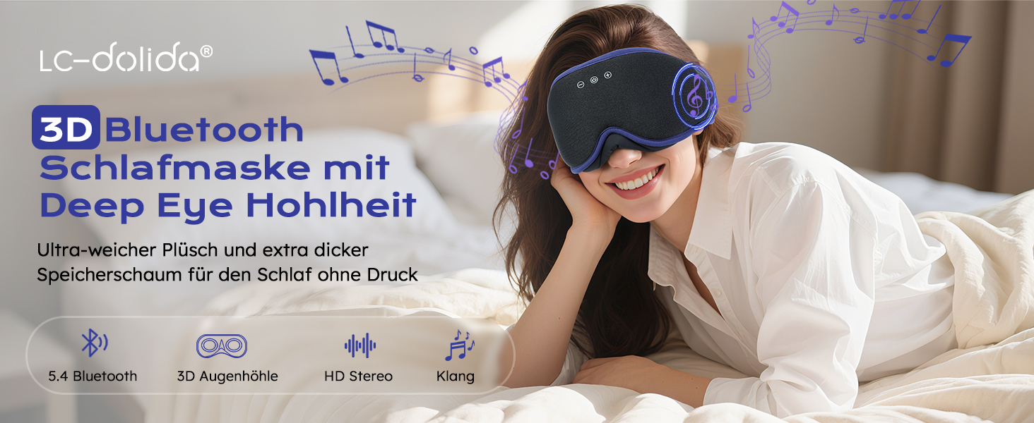 Маска для сну LC-Dolida 3D Bluetooth з навушниками для жінок та чоловіків, повна світлоблокада та комфорт на всю ніч. М'яка маска для сну з навушниками, ідеальна для подорожей та сну в ліжку (Блакитна)