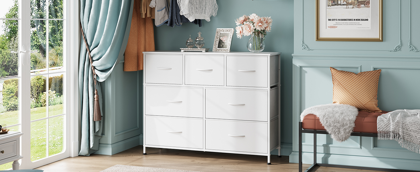 Комод WLIVE з 7 висувними ящиками з тканини, шафа-комод для спальні, комод у вітальню, зі стабільним сталевим каркасом, білий, 7 ящиків, білий