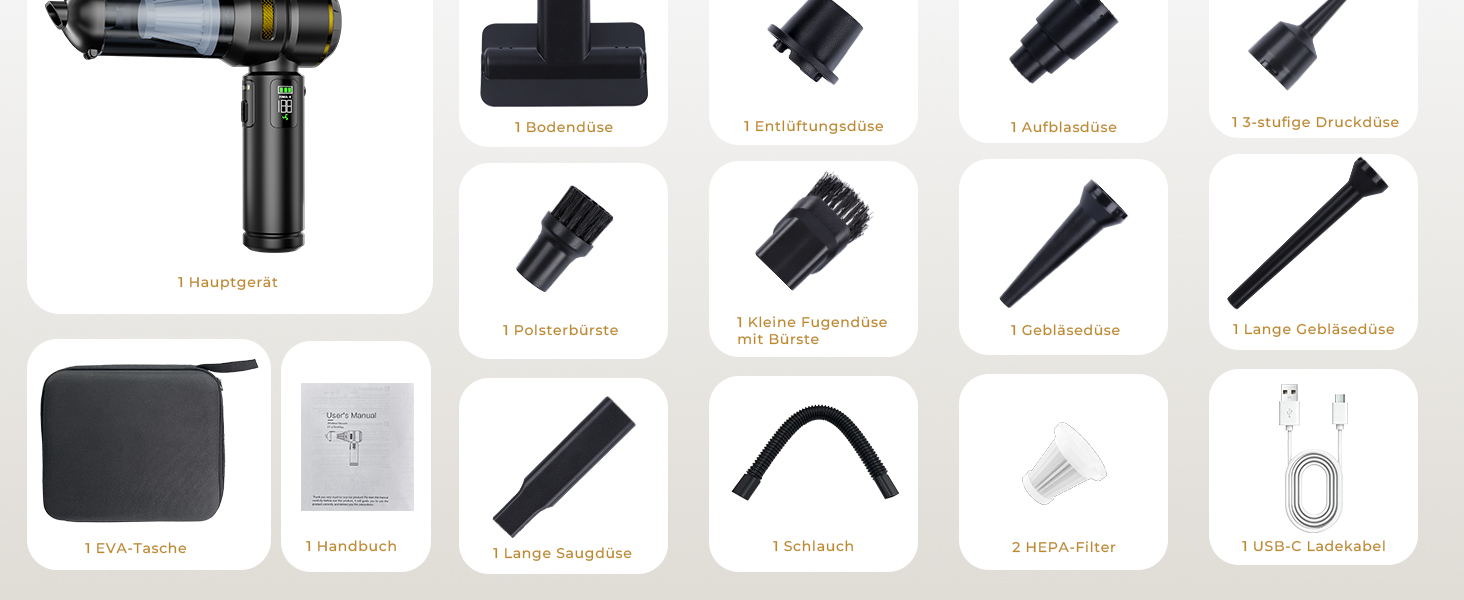 Акумуляторний ручний пилосос HOVIN для авто та дому, потужність 24000 Па, 3 режими роботи, бездротовий, чорно-золотий