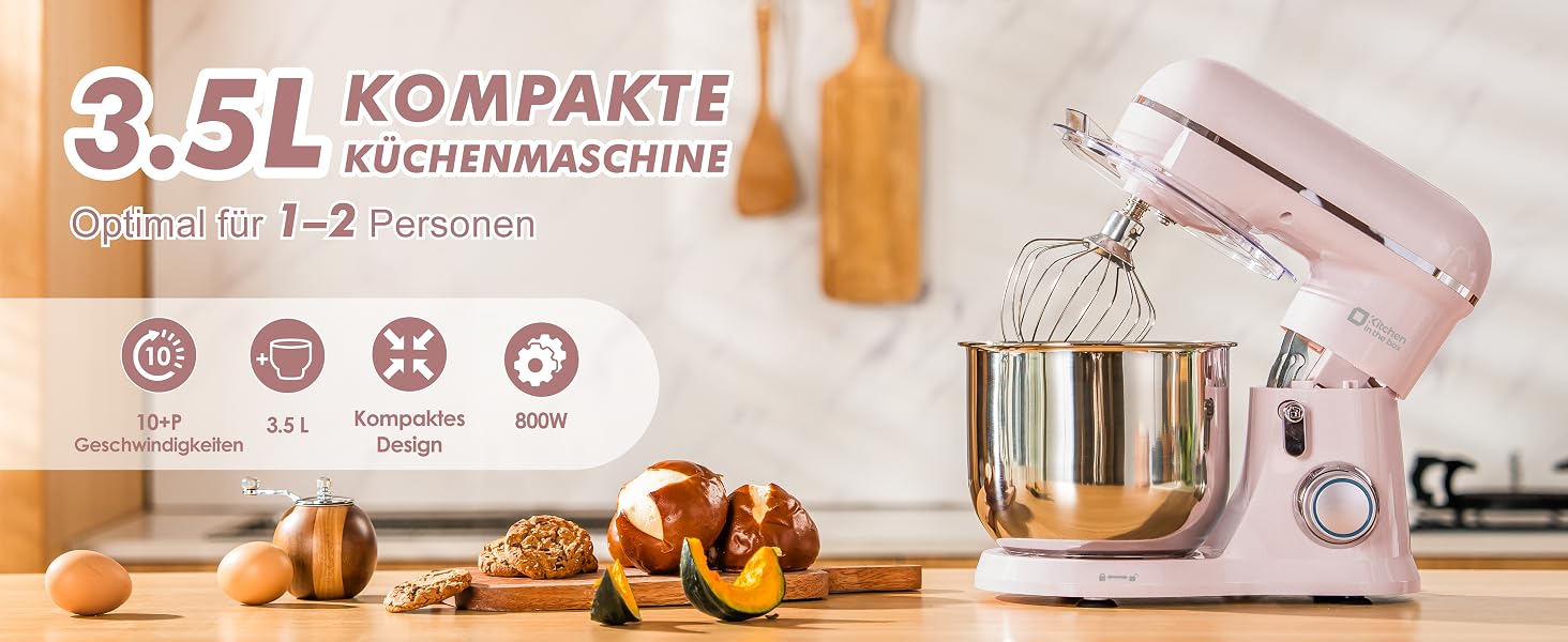 Кухонний комбайн Kitchen in the box Kompakte — планетарний міксер та тістоміс 3.5 л, 10 швидкостей, набір насадок (гак, вінчик, міксер), рожевий
