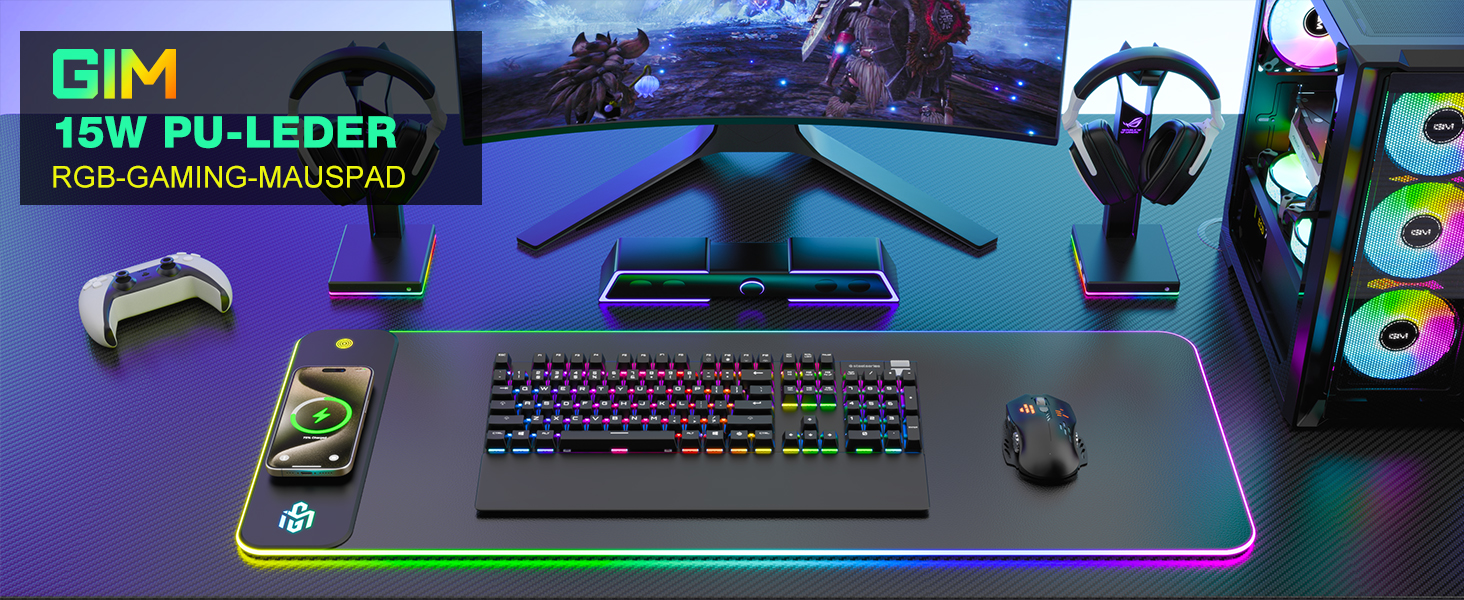 Ігрова підставка для миші RGB з бездротовою зарядкою Qi 15W, LED-підсвічування, 10 режимів, водонепроникна, протиковзна, для геймінгу, ПК, офісу (чорний PU)