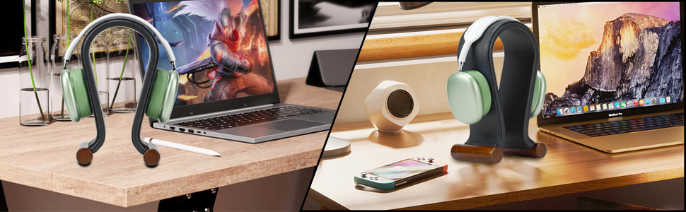 Підставка для навушників SAMDI з дерева та шкіри, універсальна, для геймінгу, дому, офісу (чорний)