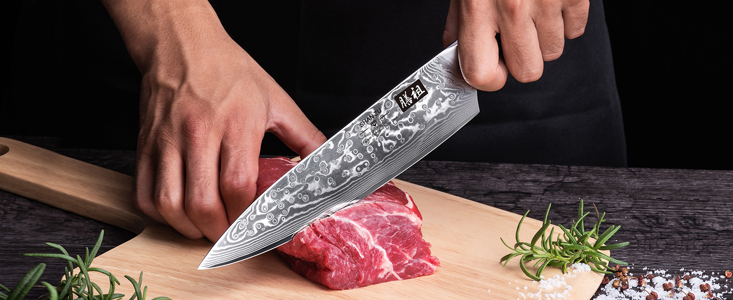 Ніж кухарський SHAN ZU Damast Pro Series, 20 см, 67 шарів дамаської сталі, ручка G10