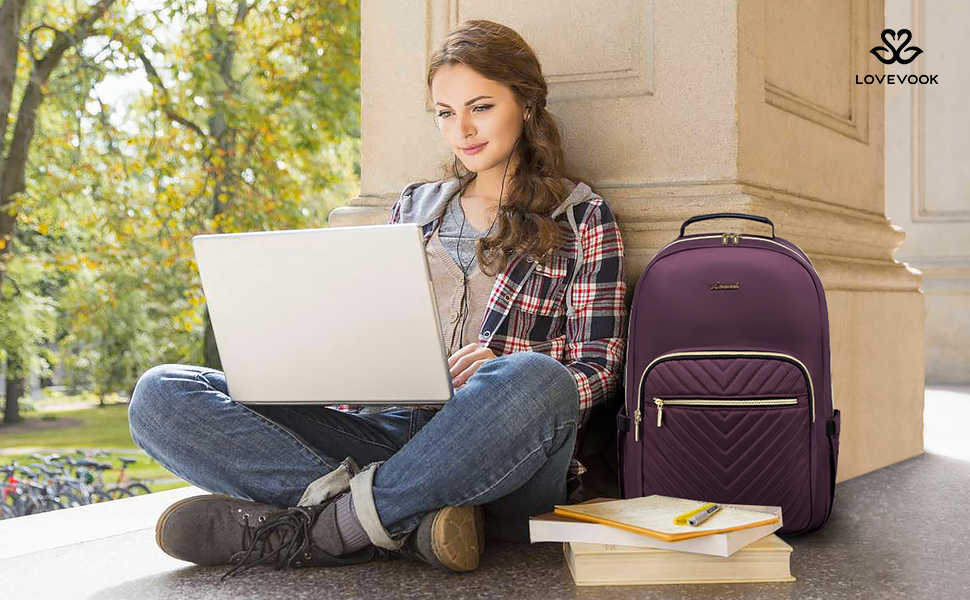 LOVEVOOK Рюкзак для жінок, великий, 15.6 дюймів, для ноутбука, водонепроникний, шкільний рюкзак, дівчата-підлітки, сумка на день, чорний, елегантний, для роботи, для школи, університету, подорожей (15.6 дюймів, темно-фіолетовий)