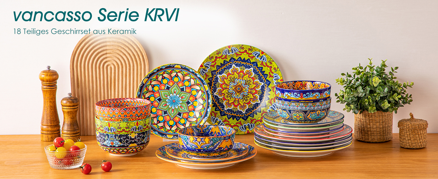 Набір посуду на 6 осіб Vancasso KRVI 18 предметів: сучасний керамічний сервіз у богемському стилі