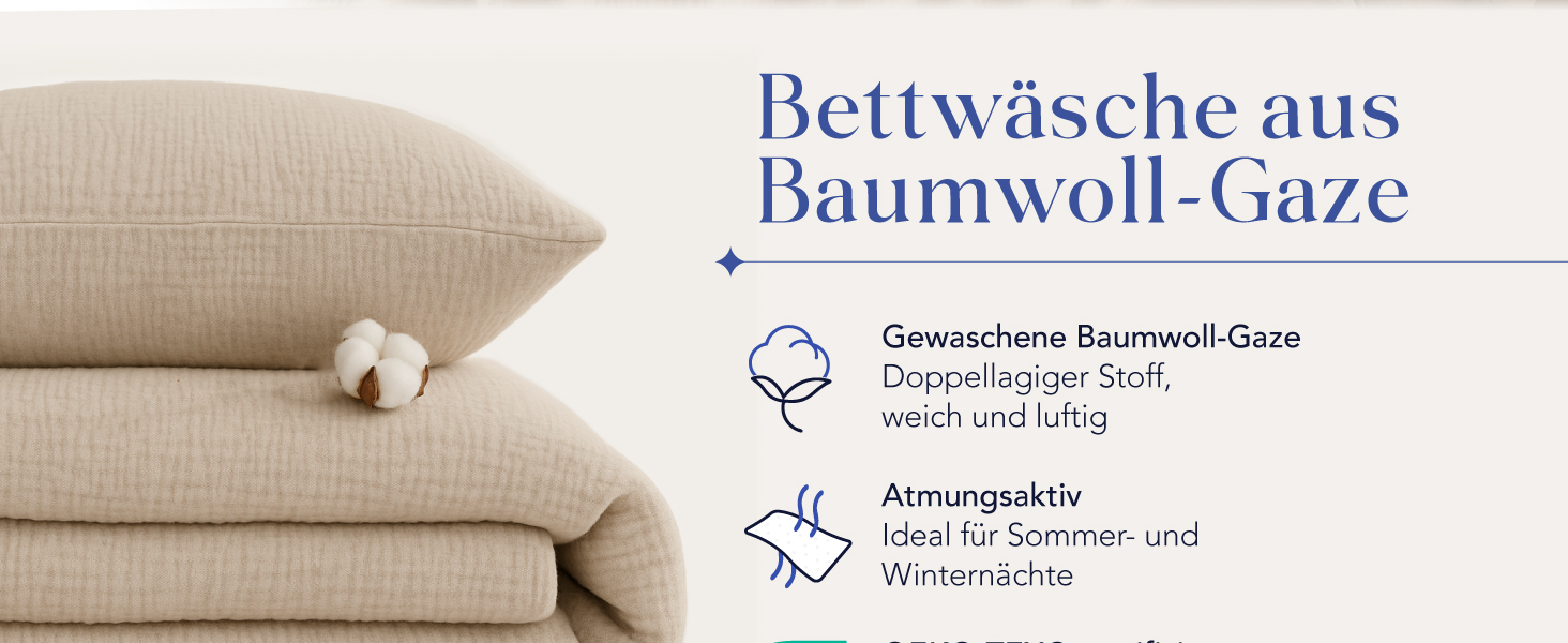 Набір постільної білизни Dreamzie з мусліну 135x200 см, 100% бавовна (4 шт.) – 2 наволочки 80x80 см, 2 наволочки 80x80 см, закривається на блискавку, сертифікат Oeko-Tex, колір: тауп