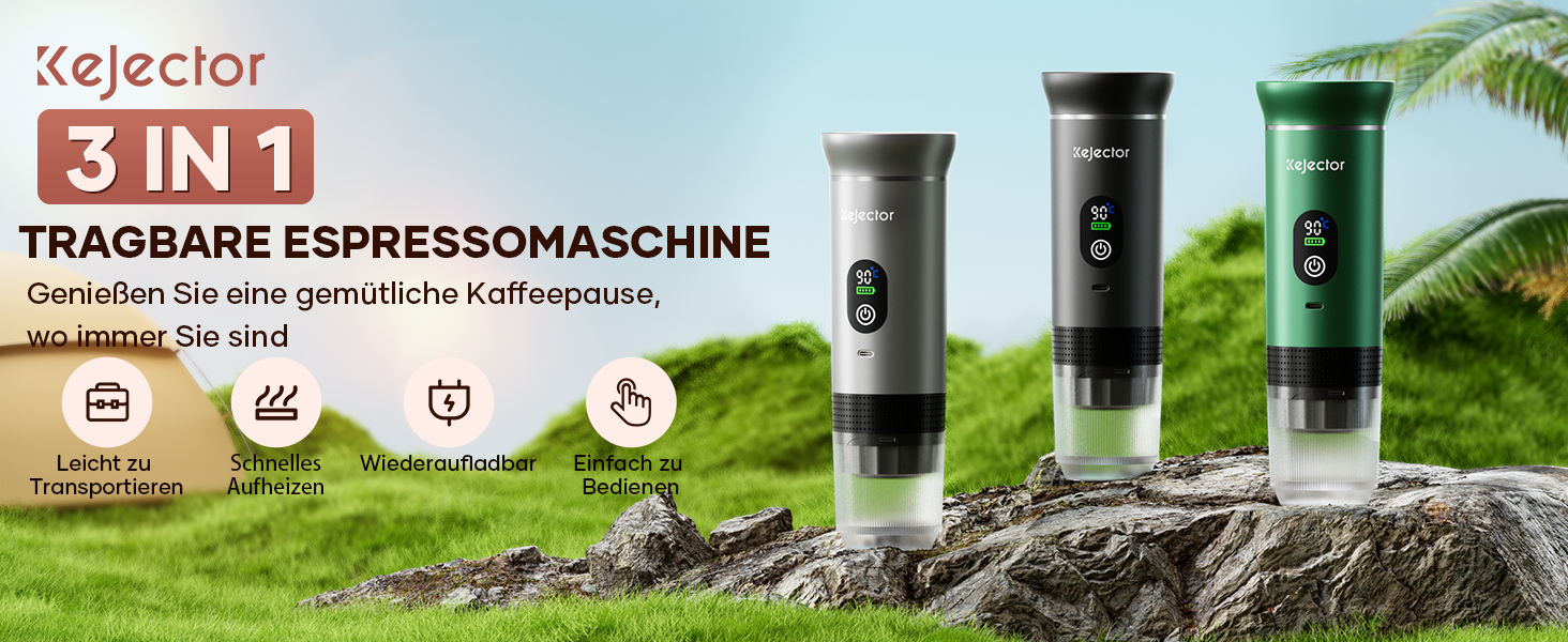 Портативна кавомашина Espresso Kejector з акумулятором: для дому, в подорожах, в авто. 3-в-1: кава, еспресо, капсули. Digital display, металевий сірий.