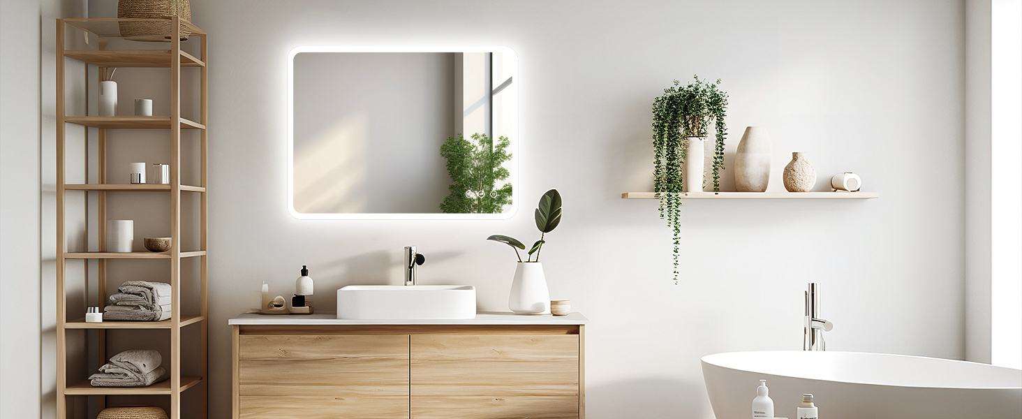 Дзеркало для ванної кімнати GIMBELEN LED з підсвічуванням 80x60 см, прямокутне, сенсорне керування, регулювання яскравості, 3 кольори світла, антизапарник, вертикальна/горизонтальна установка