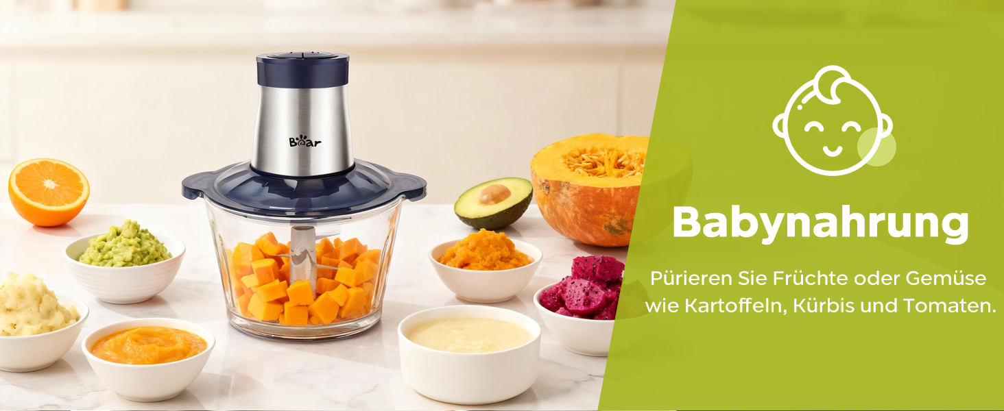 М'ясорубка електрична Bear 2л + 1.8л, подрібнювач зі скляною та нержавіючою сталлю, 600W, 2 швидкості, 4 сталеві ножі для м'яса, дитячого харчування, овочів та фруктів