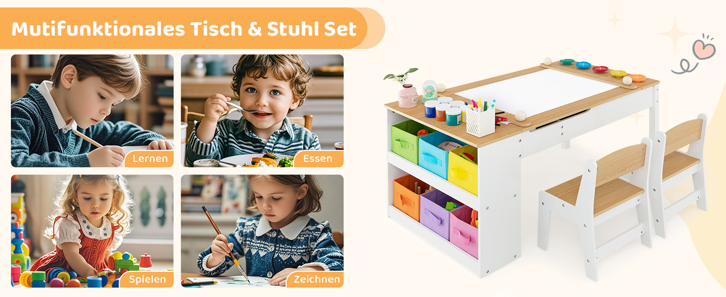 Дитячий стіл COSTWAY 3 в 1 з 2 стільцями, активний стіл-мольберт з підйомною стільницею, набір кольорів, 6 тканинних контейнерів та рулон паперу, сірий, 109x60x55 см