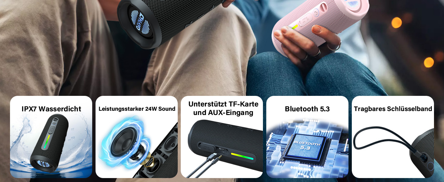 Портативна Bluetooth колонка OHAYO 24W з RGB підсвічуванням, басами, IPX7, 30 годин роботи, мікрофоном, для відпочинку на природі (чорна)