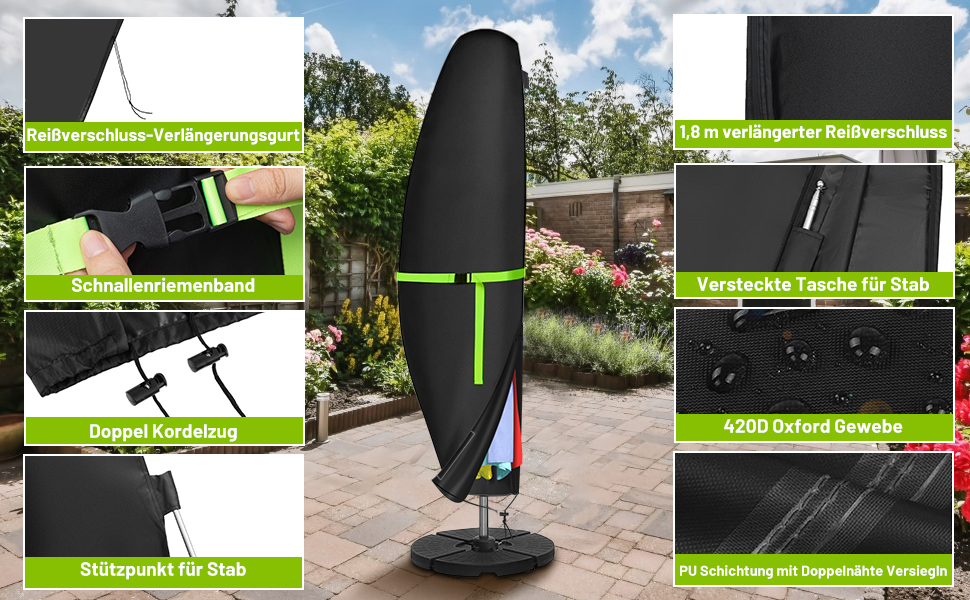 Чохол для парасольки GEMITTO, водонепроникний, 280x30x81/46 см, для парасольки 2-4 м, 420D, захист від вітру та сонця