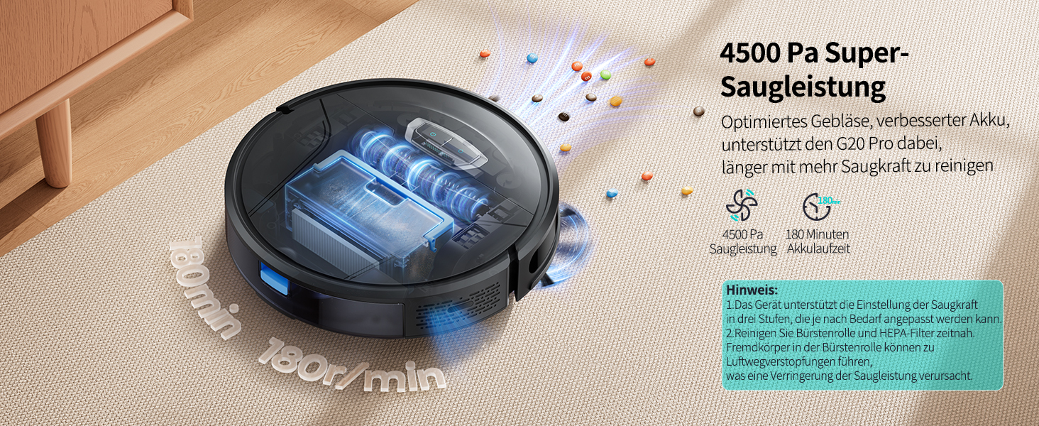 Робот-пилосос HONITURE G20 Pro з функцією миття, 4500Pa, керування через додаток, 180 хв роботи, для тварин, килимів та твердих підлог, чорний