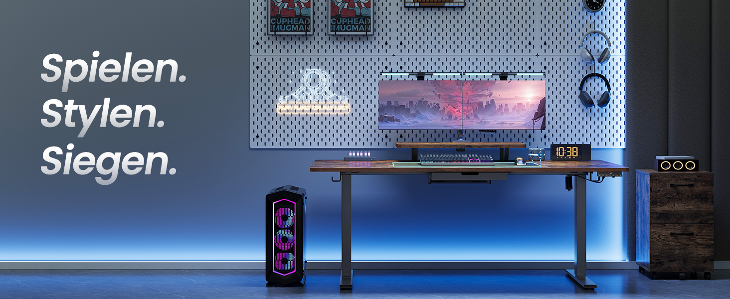 Стіл письмовий регульований по висоті VASAGLE з підставкою для монітора, шухлядою, USB-C та нагадуванням про перерви, 140 x 70 см, Vintage Brown