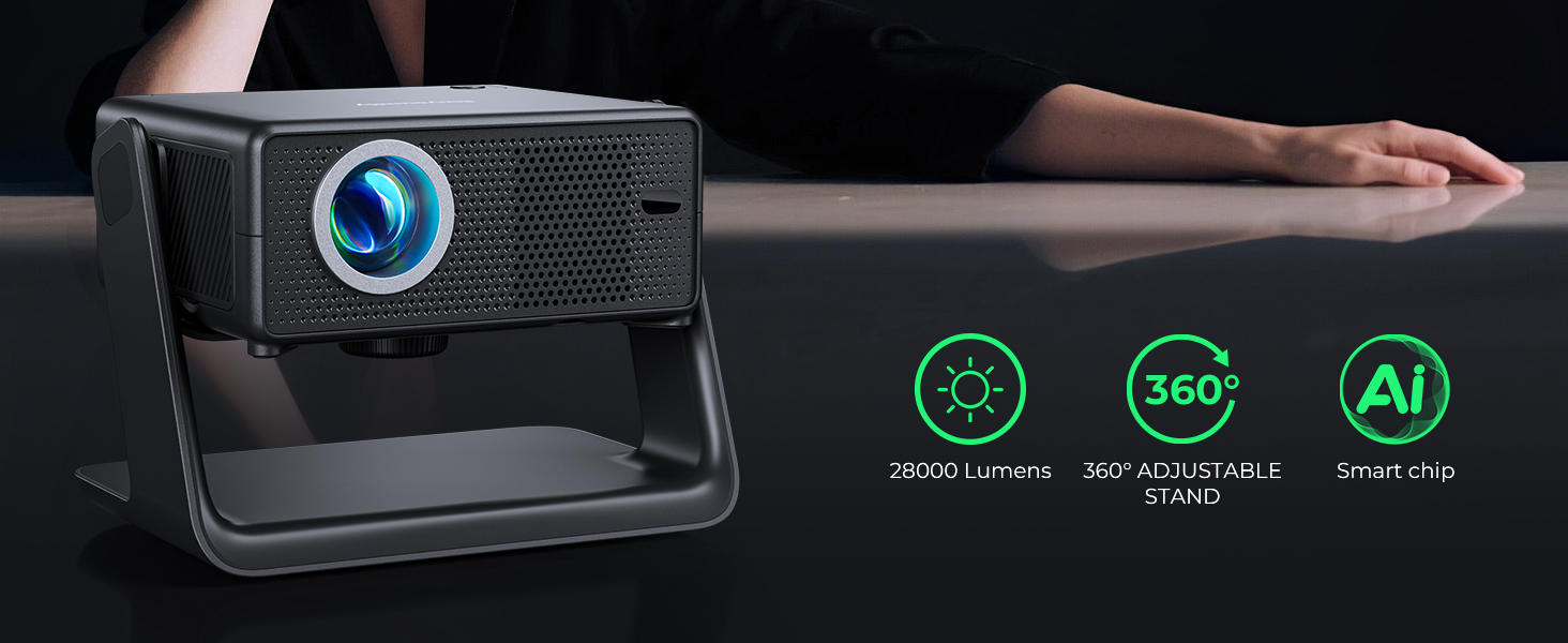 Проектор Beamer 4K 1080P, 28000 Люмен, Wi-Fi 6, Bluetooth, Автофокус, 4D Keystone, Netflix, для Дому/На Відкритому Повітрі, Чорний