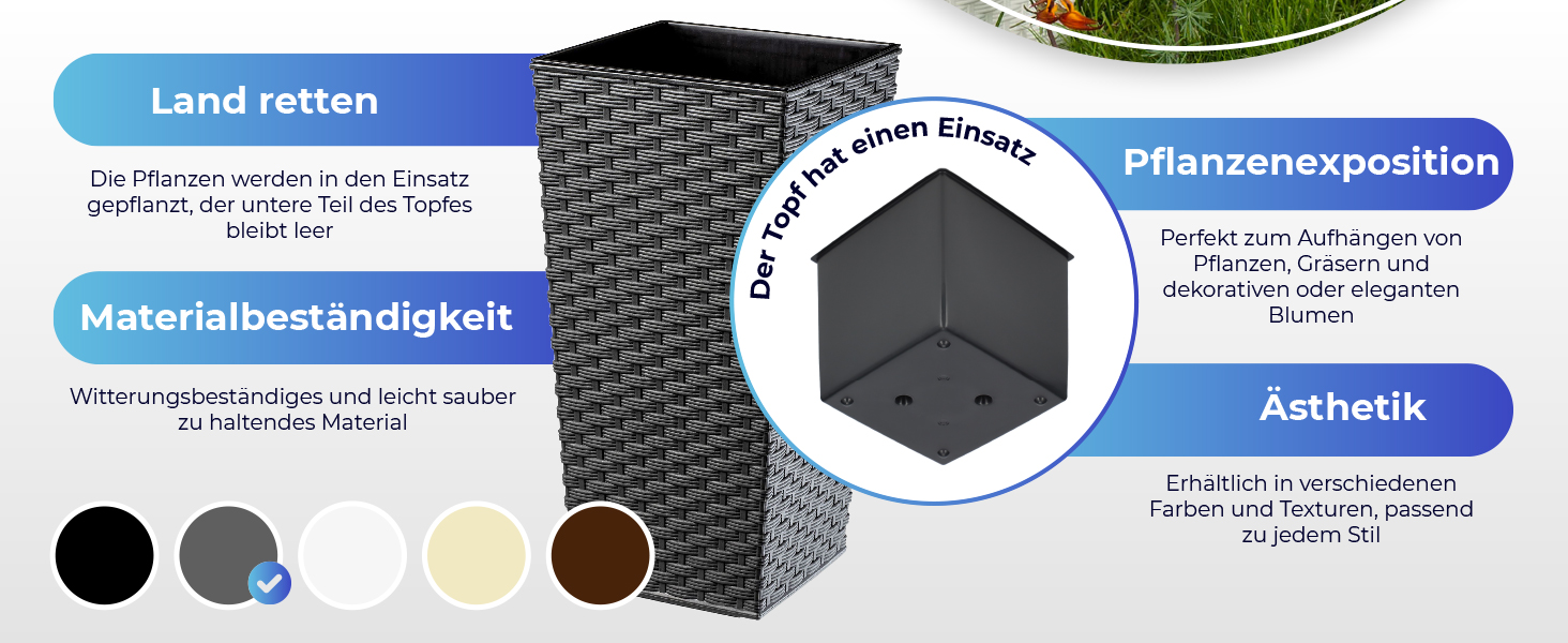 Набір горщиків для квітів KADAX 3 шт. (36/46,5/57,5 см) – пластикові, вологостійкі, для дому та саду, графіт, ротанг