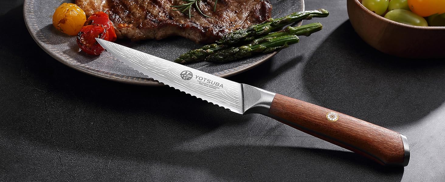 Набір кухонних ножів YOTSUBA Profi з дерев'яним блоком та точилкою, ножиці, набір кухонних ножів з нержавіючої сталі, набір кухонних ножів для кухні (ніж для стейка - 6 шт)