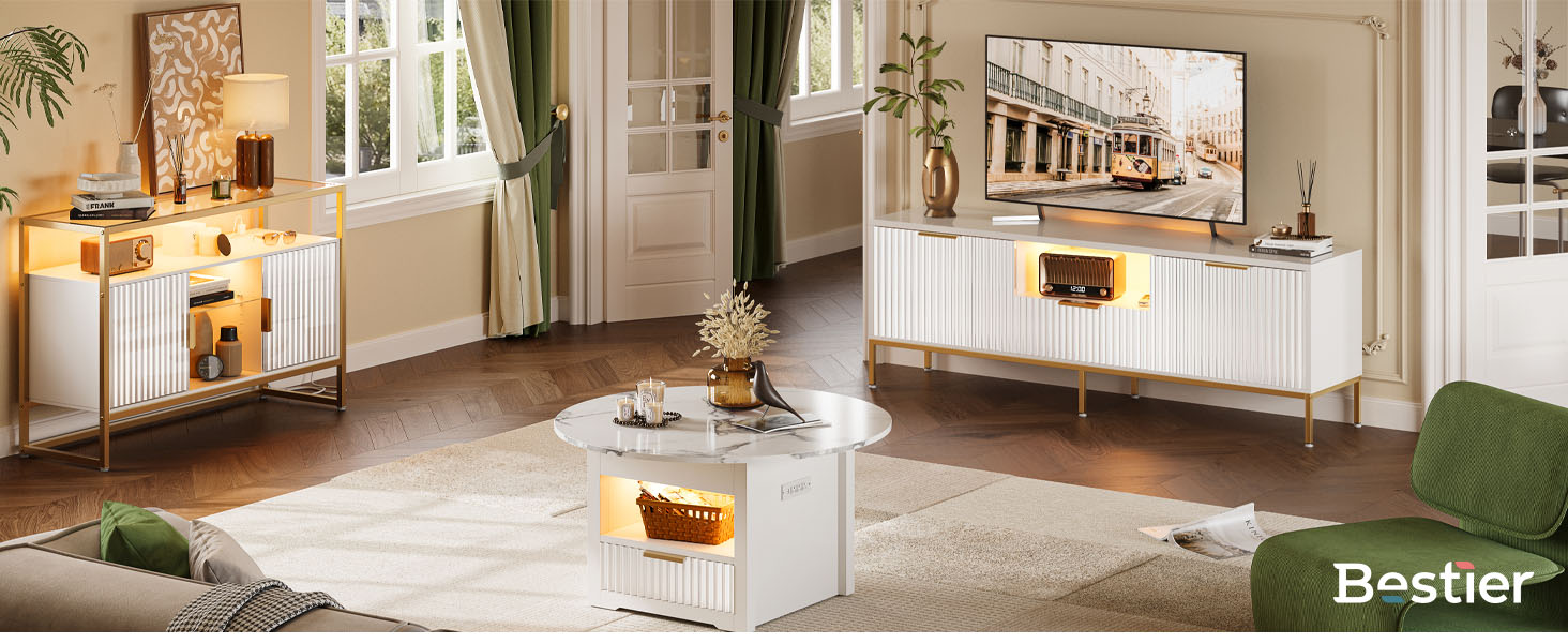 Тумба під ТВ Bestier для телевізора 55/60 дюймів, біла, з полицями для зберігання - сучасна медіа-консоль для вітальні та спальні