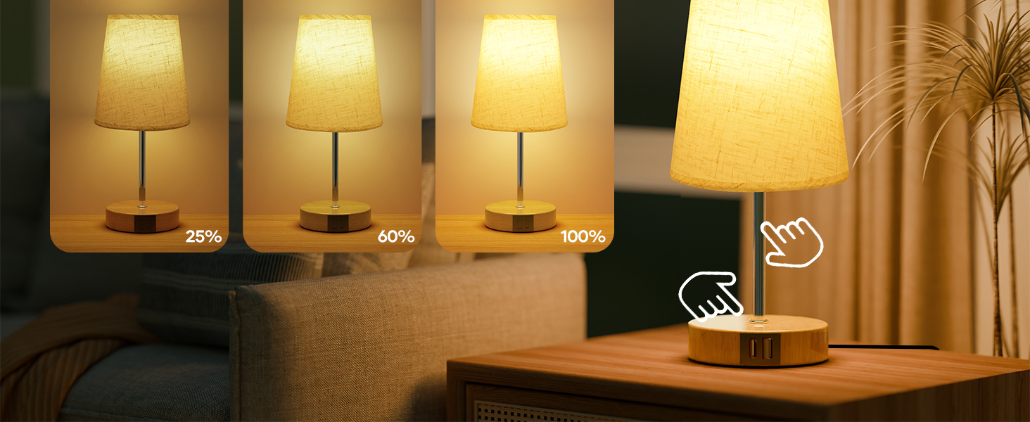 Настільна лампа Suright з торшером з льону, USB-портами A+C, регулюванням яскравості, дерев'яним цоколем, для спальні/вітальні (LED-лампочка в комплекті), бежева