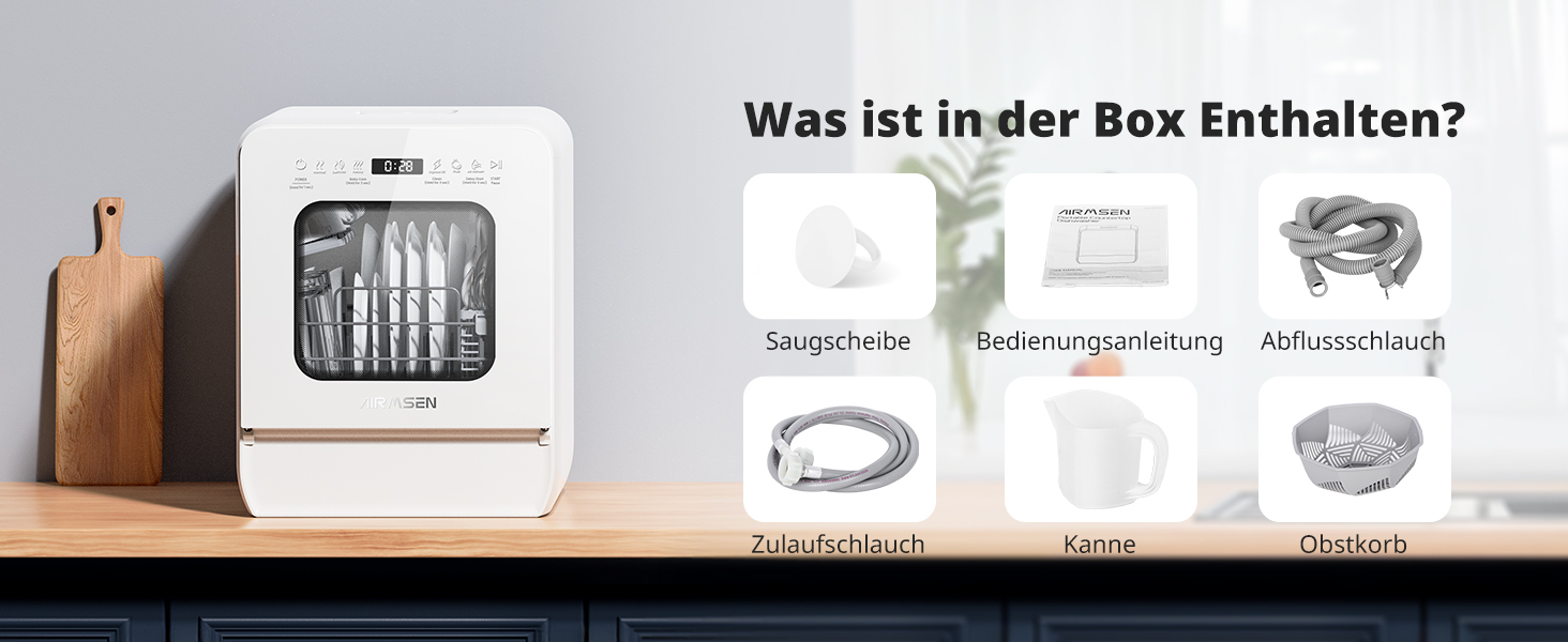 Мийка посуду AIRMSEN Mini для столу з резервуаром для води, ополіскувачем, 9 програм, 37*50 см, ультра-вузька, таймер 1-24 год, 360° подвійний розпилювач, шланг/без шланга, білий