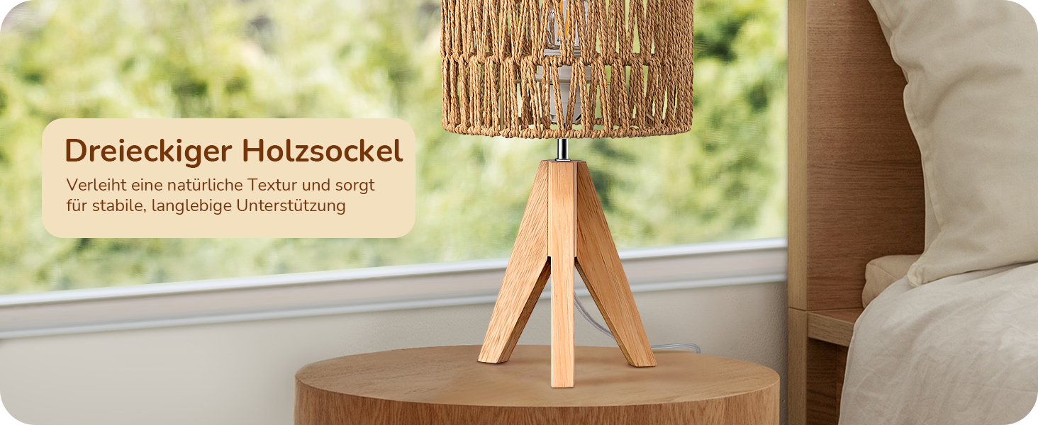 LED настільна лампа EDISHINE з абажуром з ручної роботи, дерев'яною ніжкою, тепле світло 2700K, бохо-стиль, для спальні, вітальні, готелю, з лампочкою E27 4W