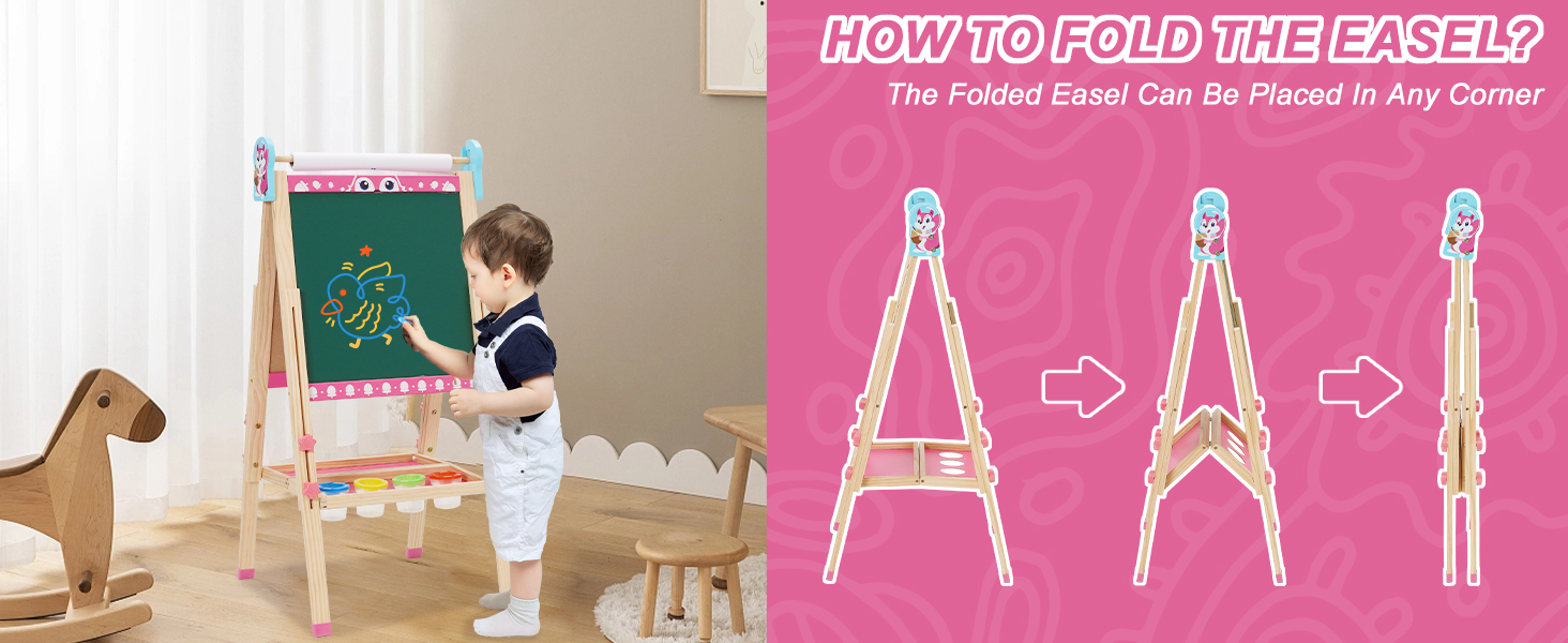 Дитяча мольберт Kinder Staffelei 3 в 1: регульована висота 95-125 см, ролик для паперу, двосторонній, з набором для малювання (100+ шт.), для дітей 3-8 років (рожевий)