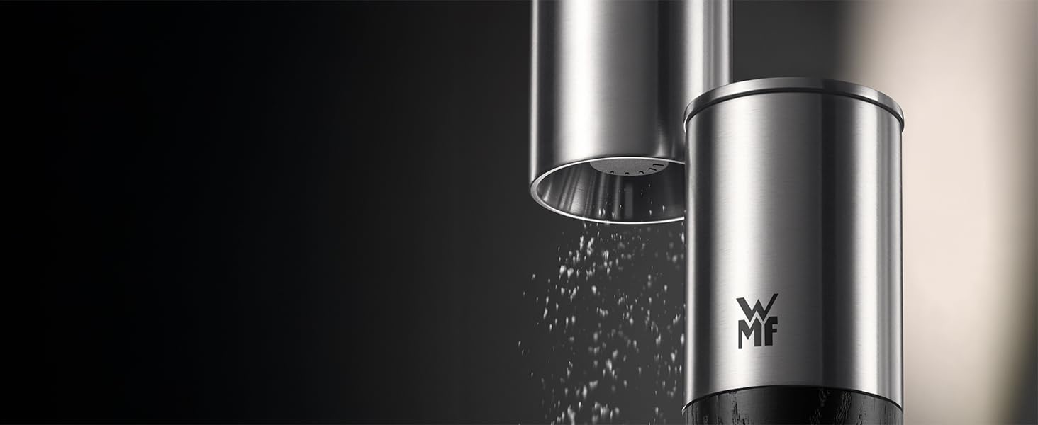 Мельниця для спецій WMF Nature Pro: сіль та перець, керамічний млин, регулювання помелу, арома-кришка, нержавіюча сталь та дерево, чорний колір